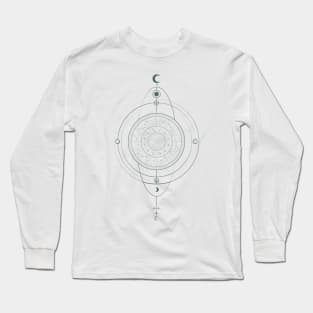 Zodiac Chart| Sacred Geometry| Zodiac| Astrolabe| Astrology Wheel | Planetary Alignment | Saturn| Crescent Moon Long Sleeve T-Shirt